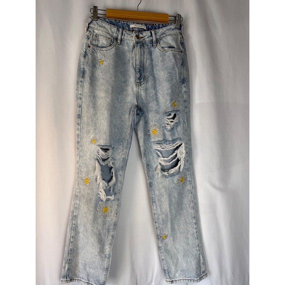 Pacsun Mom Jeans 27 Ripped Distressed Acid Wash High Waist Embroidered Daisies